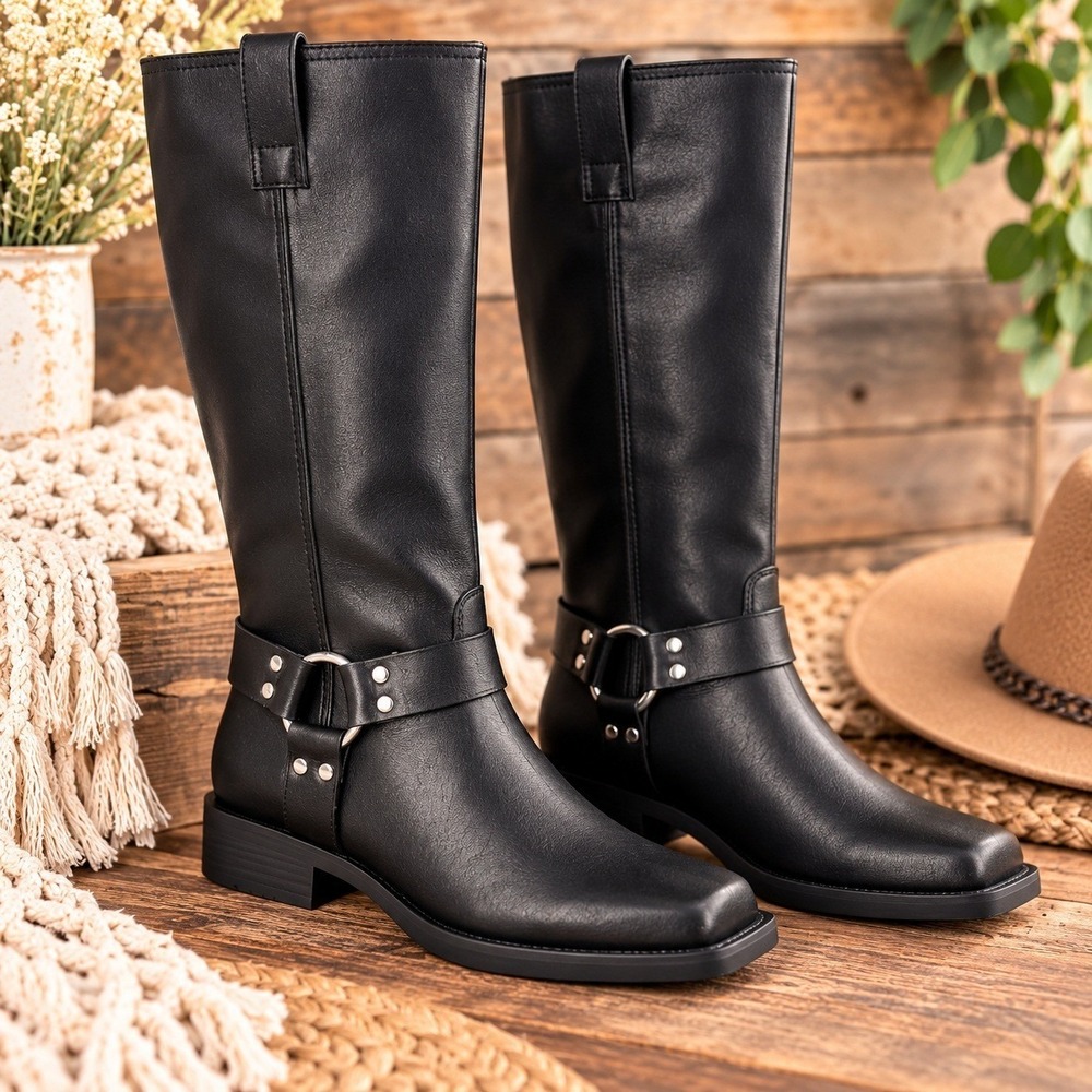 Black Moto Biker Boots Size 7 1/2  Faux Leather Mid Calf Square Toe New NWT